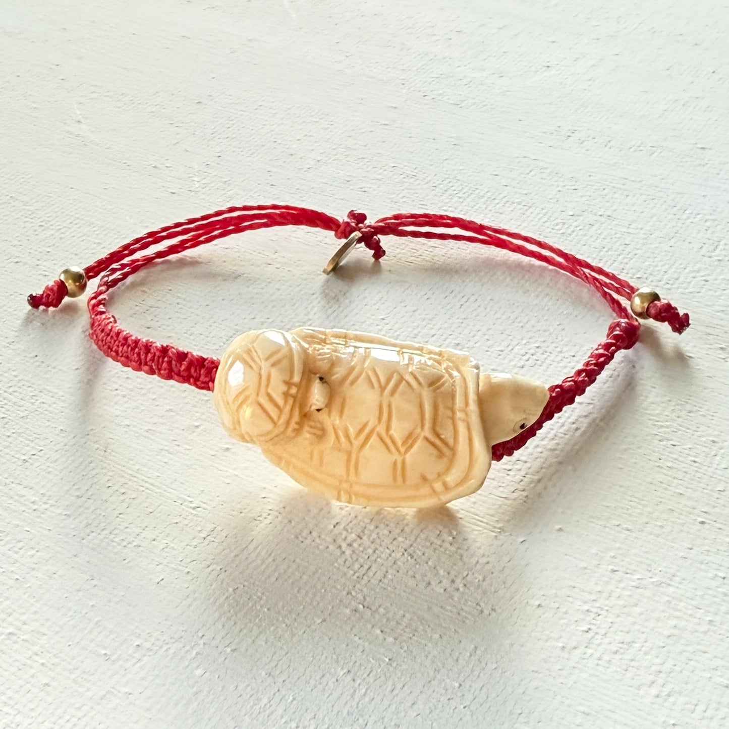 Bracelet with a turtle-shaped charm on a red string against a white background