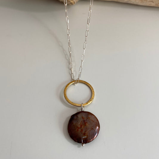 vermeil circle with large coin pearl pendant